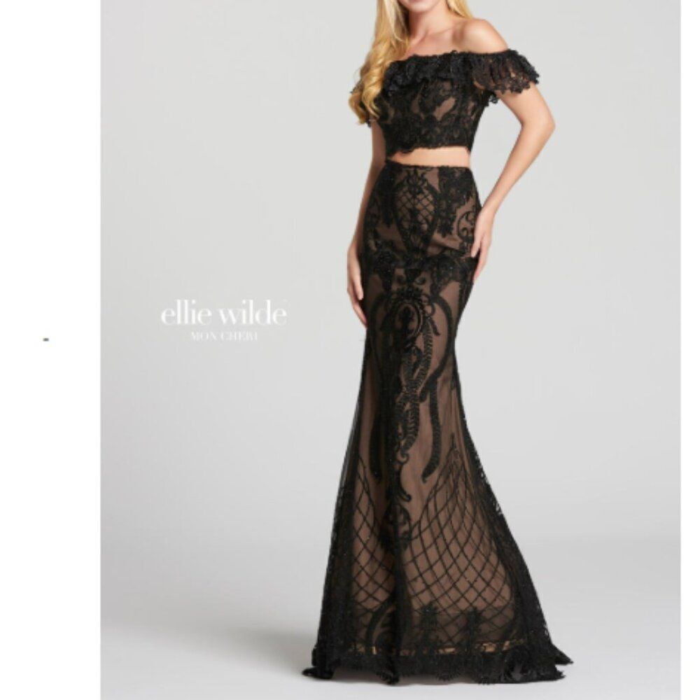 NWT ELLIE WILDE by MON CHERI Two Piece Dress EW118156 Black Nude Size 10